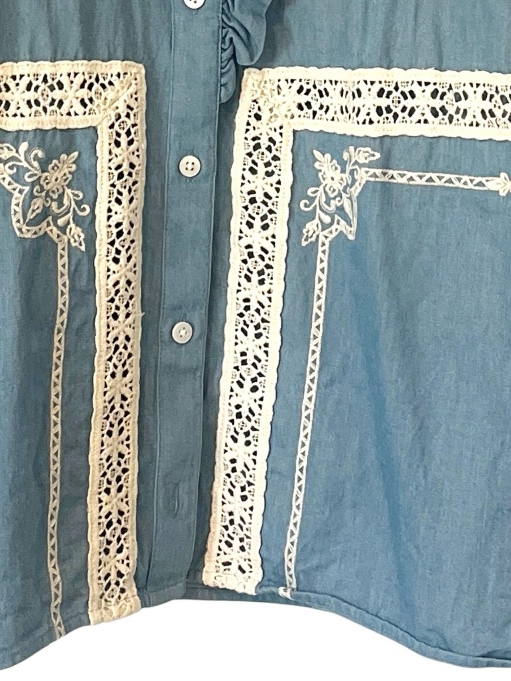Sézane Ulysse Chambray Blouse US 14 EU 46 Blue Ruffle Lace Embroidered Top - Picture 4 of 10